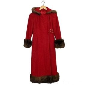 VTG Styled by Stratton Red‎ Hooded Fur Lined Long Coat Women’s Sz XS / Small
